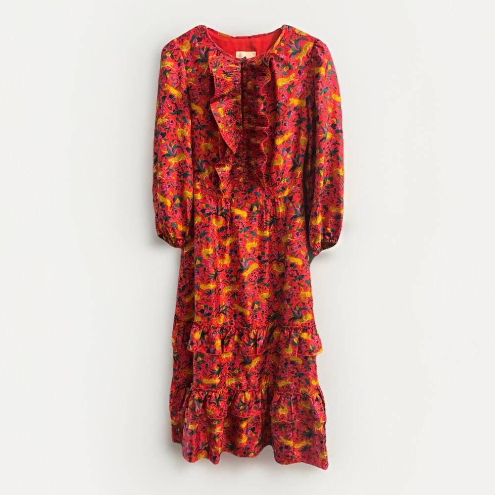 J. Crew Collection Red 100% Silk Leopard Botanical Ruffle Tiered Dress Sz 00
